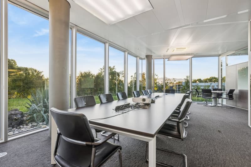 large windows with view, modern design, long desk, chairs, projector