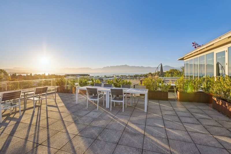 Patio terrace, white chairs and tables, large glass windows, metal railings, green plants, open view, sunset in background