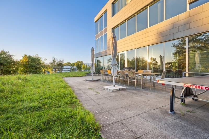 large terrace with tables, chairs, umbrellas, ping pong table, green lawn, building with glass walls