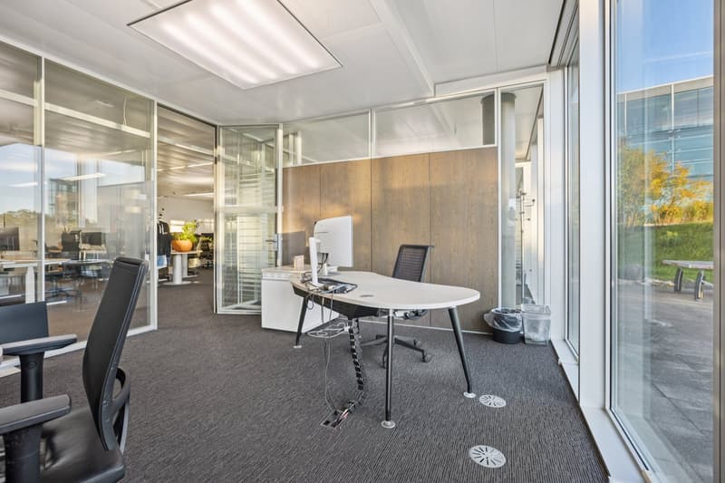 an office room with an L-shaped desk, black office chairs, a monitor on the desk, a trash can beside the desk, glass walls, a wooden wall with a trash bin on the right, a bench outside the glass wall, trees outside the glass wall