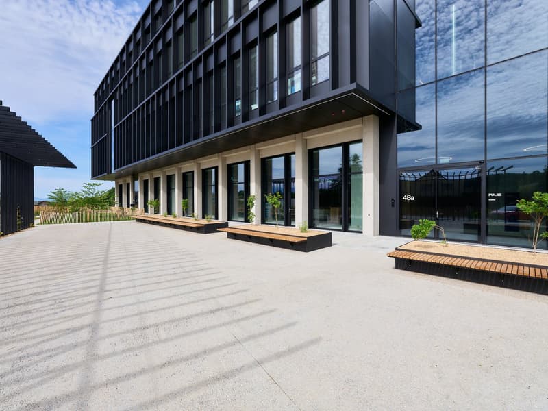 modern building, glass facade, large windows, black exterior, wooden benches, outdoor area