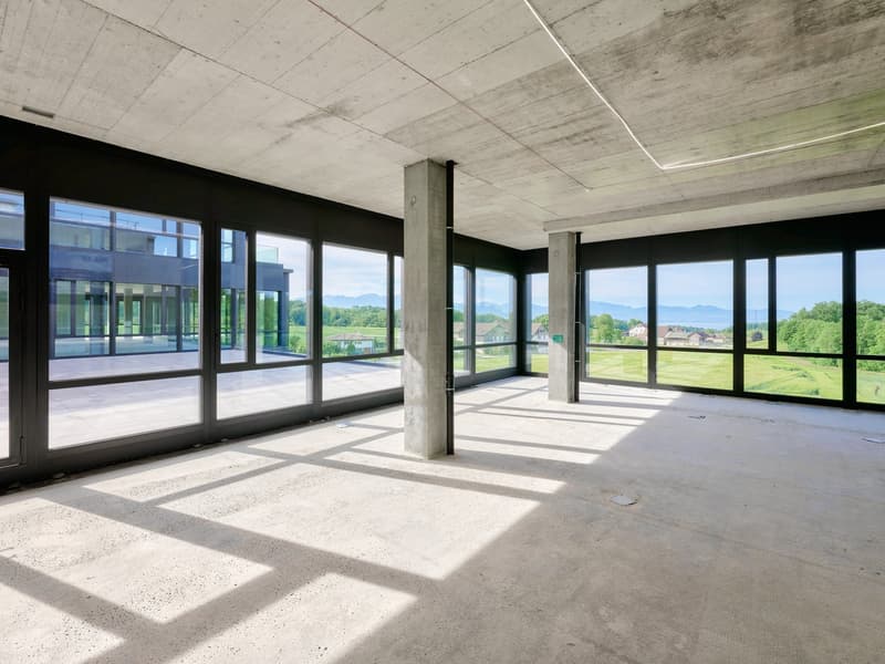 large windows, concrete floor, glass doors, beams