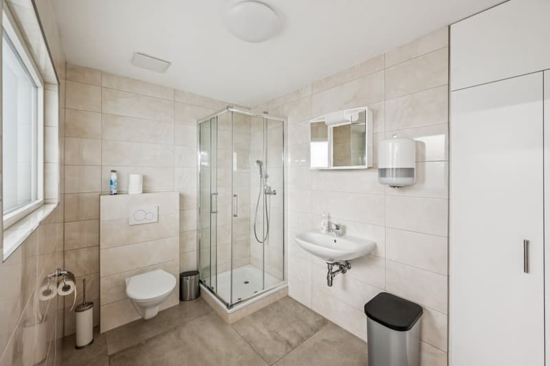 white tiles, glass shower enclosure, toilet, sink, mirror, trash bin, dispensers