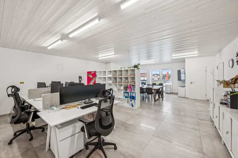 Modern office with white walls, tile floor, desks, office chairs, shelves, monitors, table, chairs, plants, appliances, lamps
