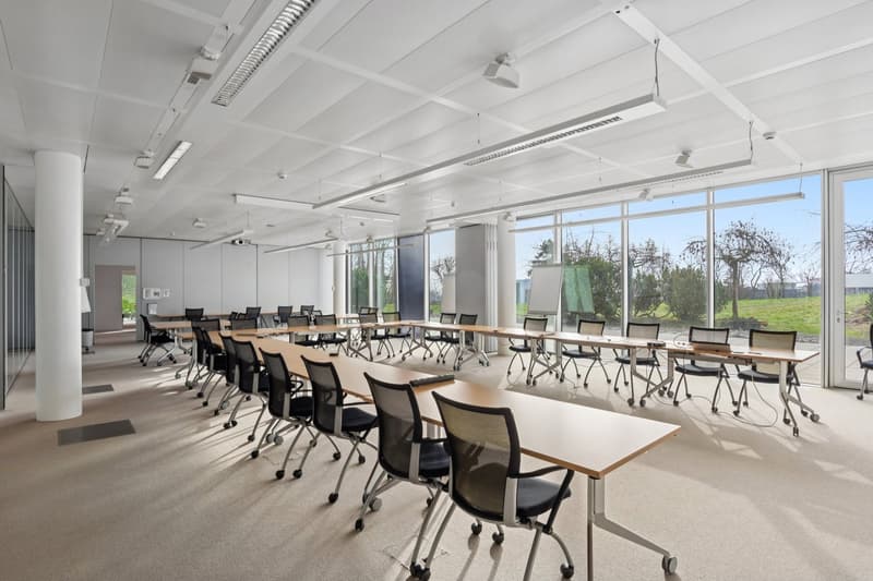large conference room, long tables, chairs, glass windows, white ceiling, white walls, carpeted floor