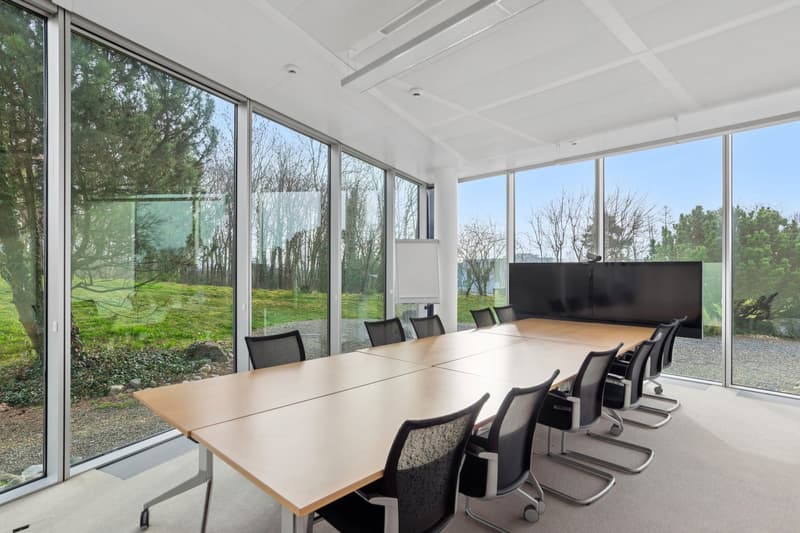 large windows, long table, black chairs, whiteboard, flat screen TV