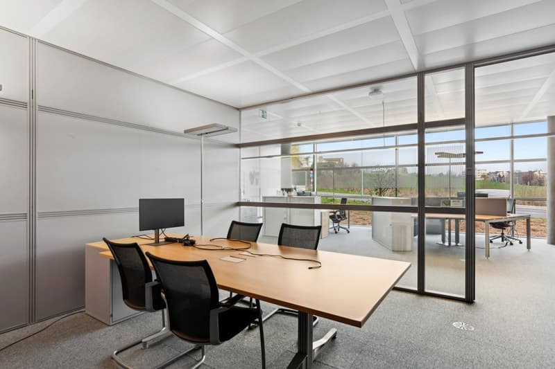 modern office room, large windows, glass walls, wooden table, black chairs, computer monitor, office desks, gray walls