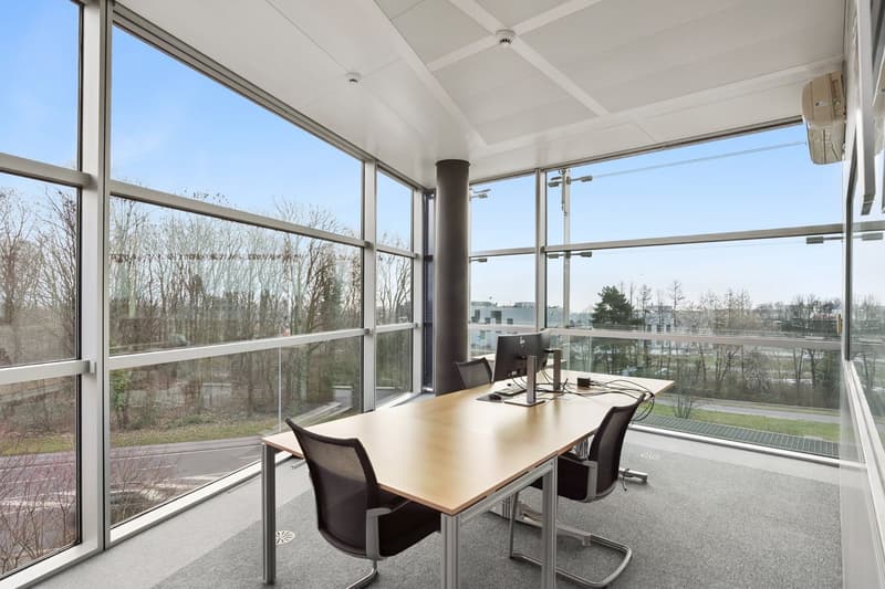 large windows, wooden desk, black chairs, computer monitor, carpeted floor