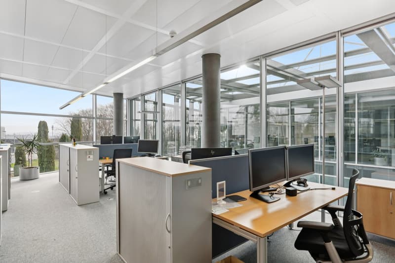 modern office space with large windows, glass partitions, desks, computer monitors, chairs, and a central column