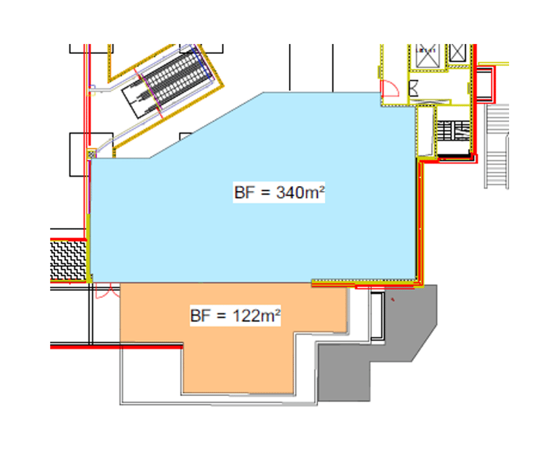 Floor plan with two distinct areas of 340m^2 and 122m^2