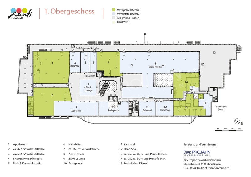 Floor plan of the first floor showing different commercial spaces including pharmacy, dentist, general practitioner, active fitness, physiotherapy, nail and beauty studio, lounge, and technical services.