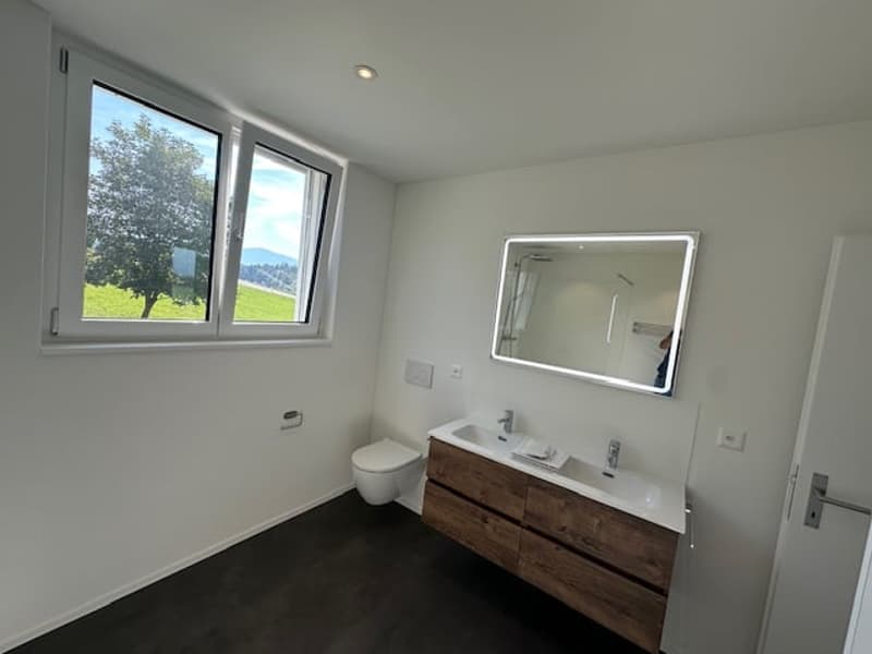 modern bathroom with white walls, black floor, wooden vanity, two sinks, mirror, toilet, window with view