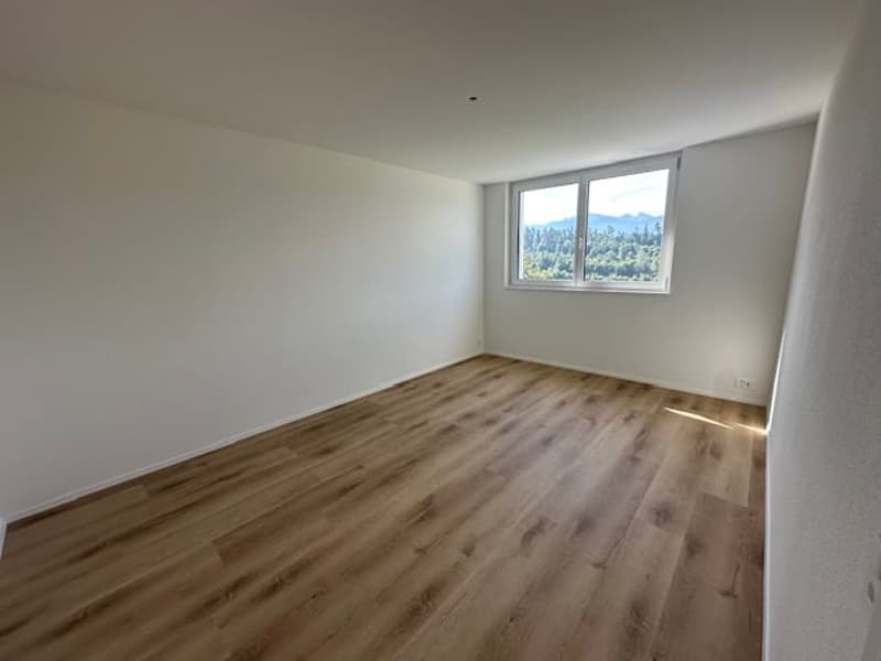 empty room, wooden floor, white walls, large window with view of trees and mountains