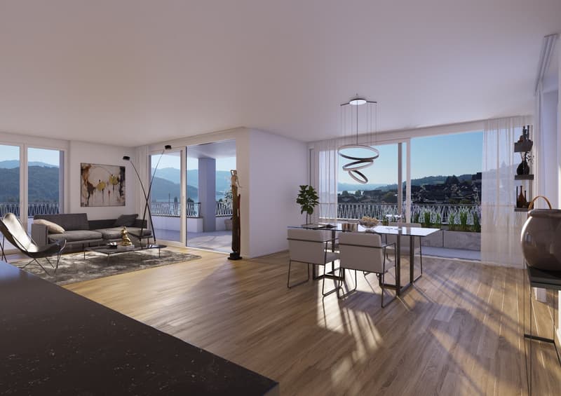modern design, wooden floor, large windows, balcony, dining table, couch, lamps, plants, artwork
