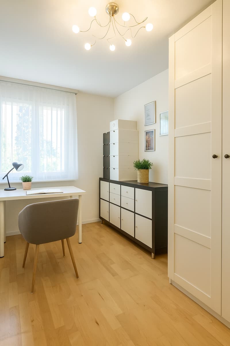 wooden floor, white walls, desk, chair, storage cabinet, chandelier, window with curtains