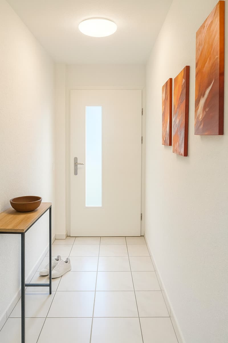 hallway, white tiles, white door, three wall paintings, bowl on table, shoes on floor