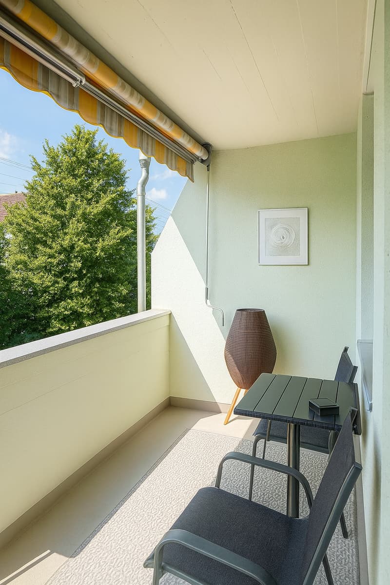 Balcony with awning, table, chairs, small brown vase, and picture on the wall