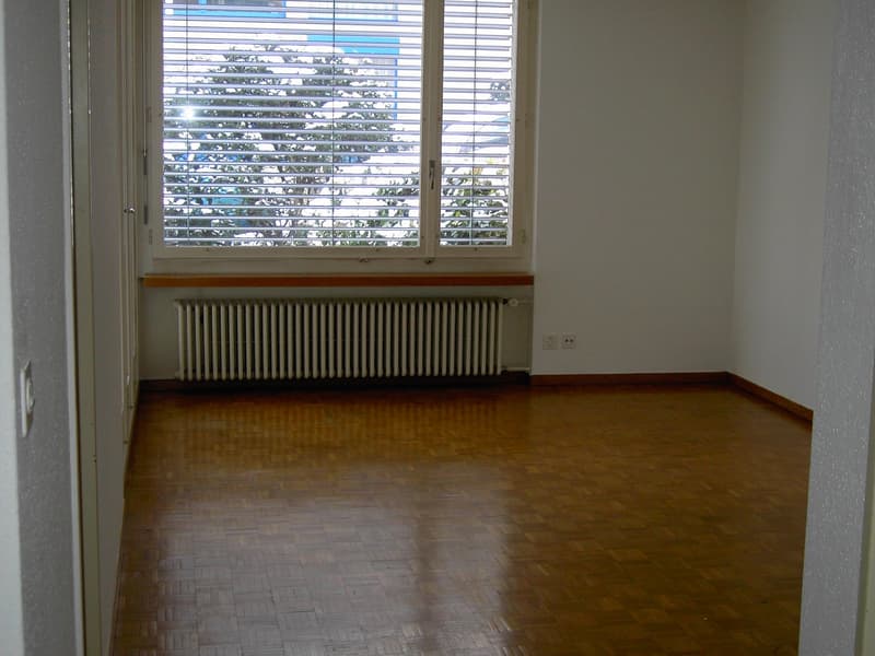 empty room with white walls, wooden floor, large window with shutters, radiator
