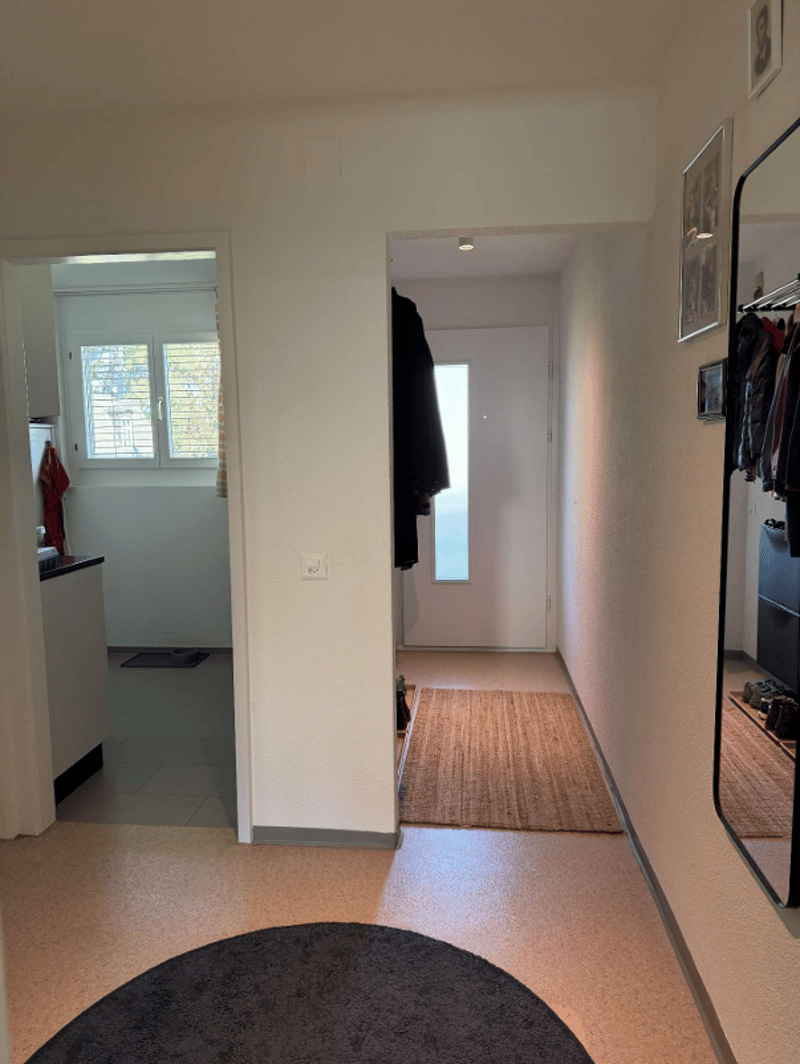 Empty hallway with white walls, beige flooring, a rug, a mirror, and a door.