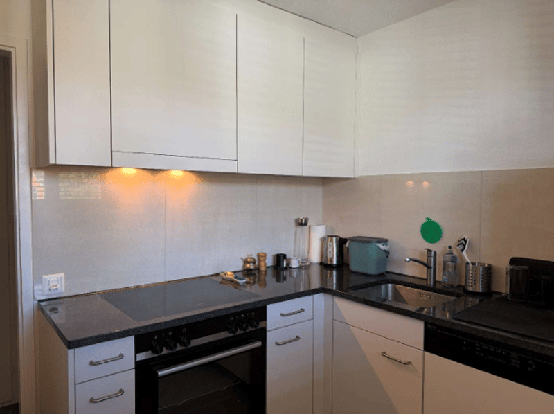 modern kitchen with white cabinets, black countertops, induction stove, oven, sink, dishwasher, faucet, kitchen utensils