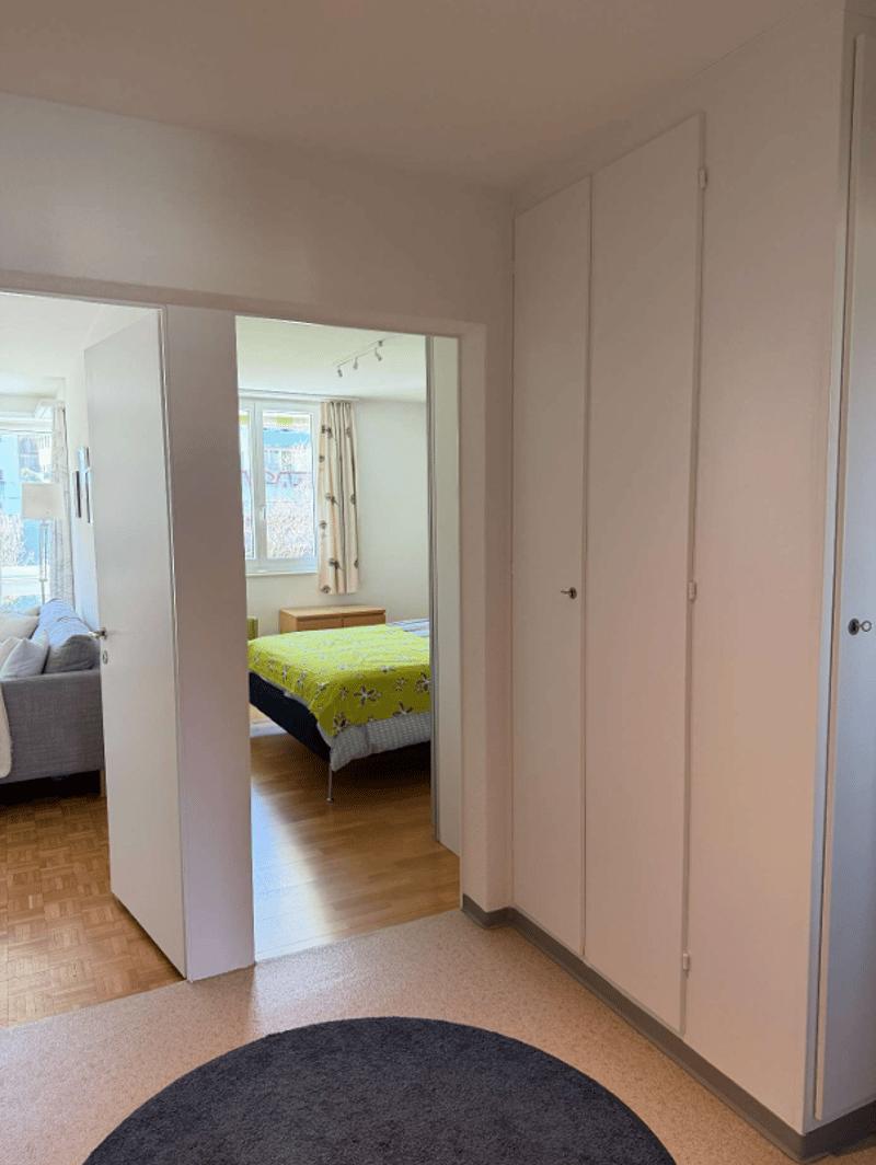 Bedroom with bed, nightstand, and window with curtains. Living room with couch, rug, and wooden floor. White walls and doors.