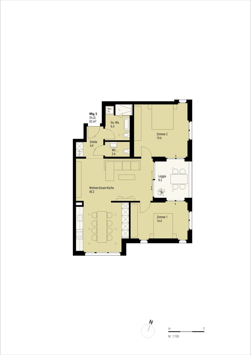 Grundriss Wohnung 5, 3.5 Zi., 92 m2, 2. Obergeschoss