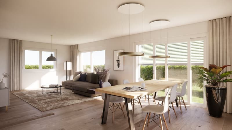 living room with white walls, wooden floor, large windows, dining table with chairs, couch with pillows, table lamp, and a rug