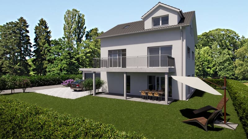 Two-story house, white exterior, gray roof, balcony, driveway, car, garden with trees and plants