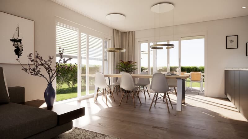 Dining room with a long dining table and white chairs, wooden floor, glass walls, hanging lamps, potted plant on a table, couch with pillows