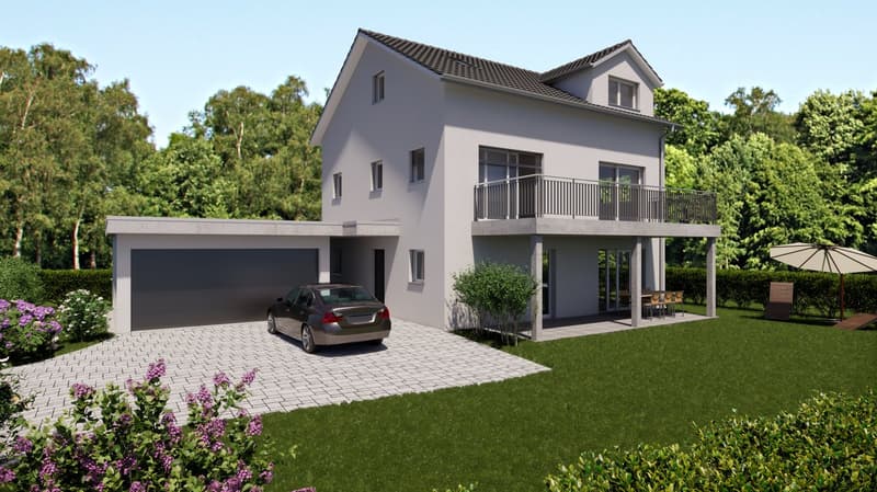 modern 2 story house, white, large driveway, garage, car parked, balcony