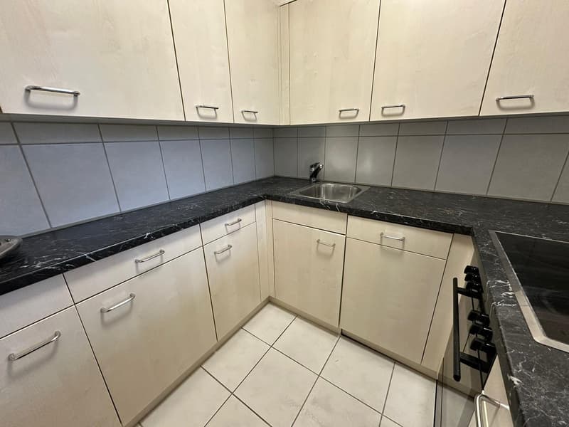 Compact kitchen with white cabinets, black marble countertops, tiled backsplash, and a stainless steel sink. The kitchen appears to have a dishwasher installed.