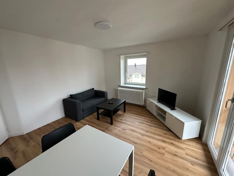 The image shows a modern and minimalist living room with white walls, hardwood floors, a black sofa, a coffee table, and a TV stand. The room has a large window that provides natural light.