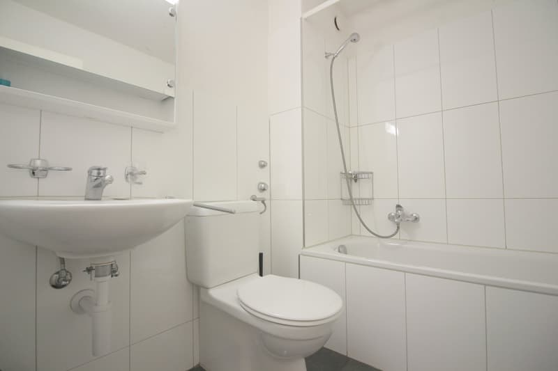 White tiled bathroom with a sink, toilet, and shower. The bathroom appears to be clean and modern with a minimalist design.