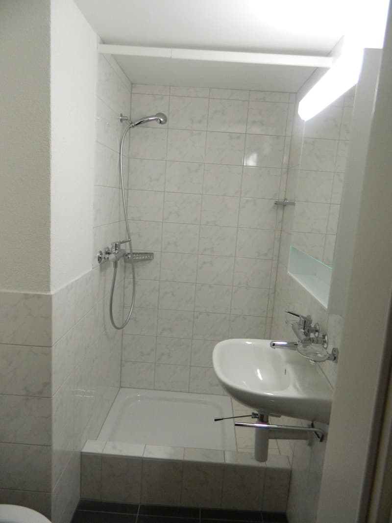 Tiled bathroom with a shower, sink, and a washing machine