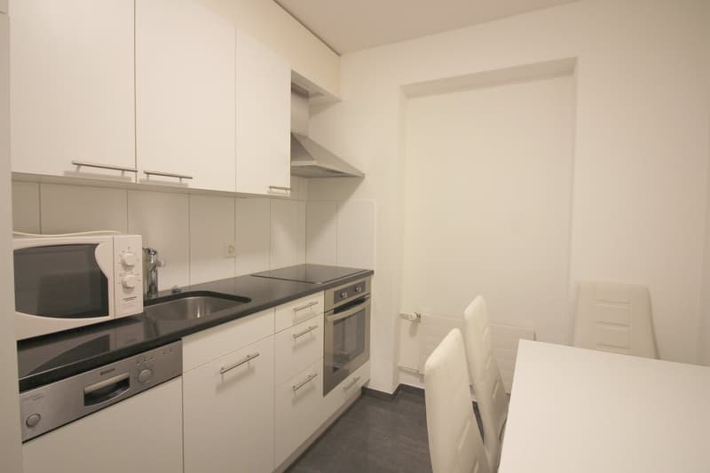 Modern, white kitchen with built-in appliances including a dishwasher and washing machine, black countertops, and ample storage space with shelves and cabinets.