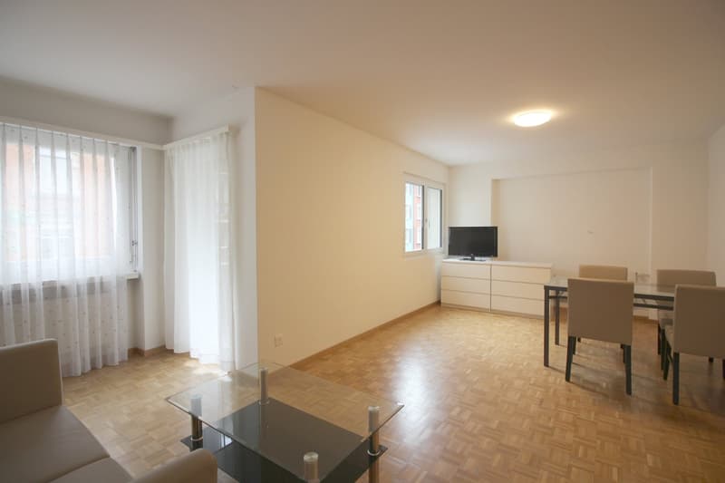 Spacious living room with hardwood floors, large windows, and a balcony. The room features a TV stand, a glass coffee table, and a dining area with a table and chairs.