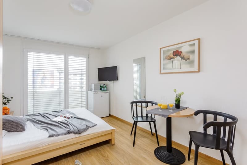 single bed, bedside table, TV, mini-fridge, window with blinds, table with two chairs, small flower plant, framed picture on wall