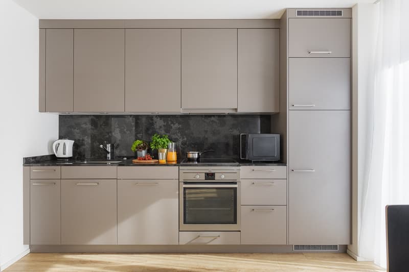 Modern design with matte gray cabinets, granite countertops, stainless steel appliances including an oven, microwave, and refrigerator. Equipped with a sink and faucet, and a countertop with plants and kitchenware.