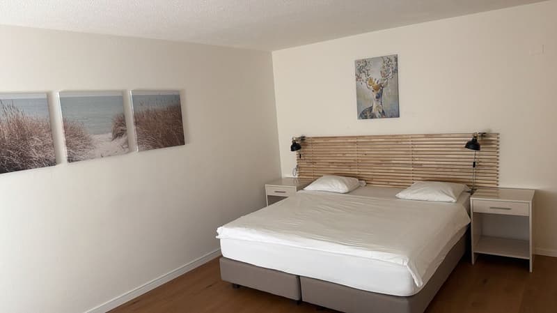 Bedroom with a double bed, two nightstands, and three wall paintings. The bed has white sheets and pillows. The nightstands have drawers and lamps.