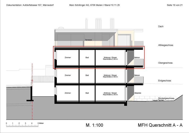 3-storey residential building with terraces, three apartments per floor, one apartment has a kitchen/dining area