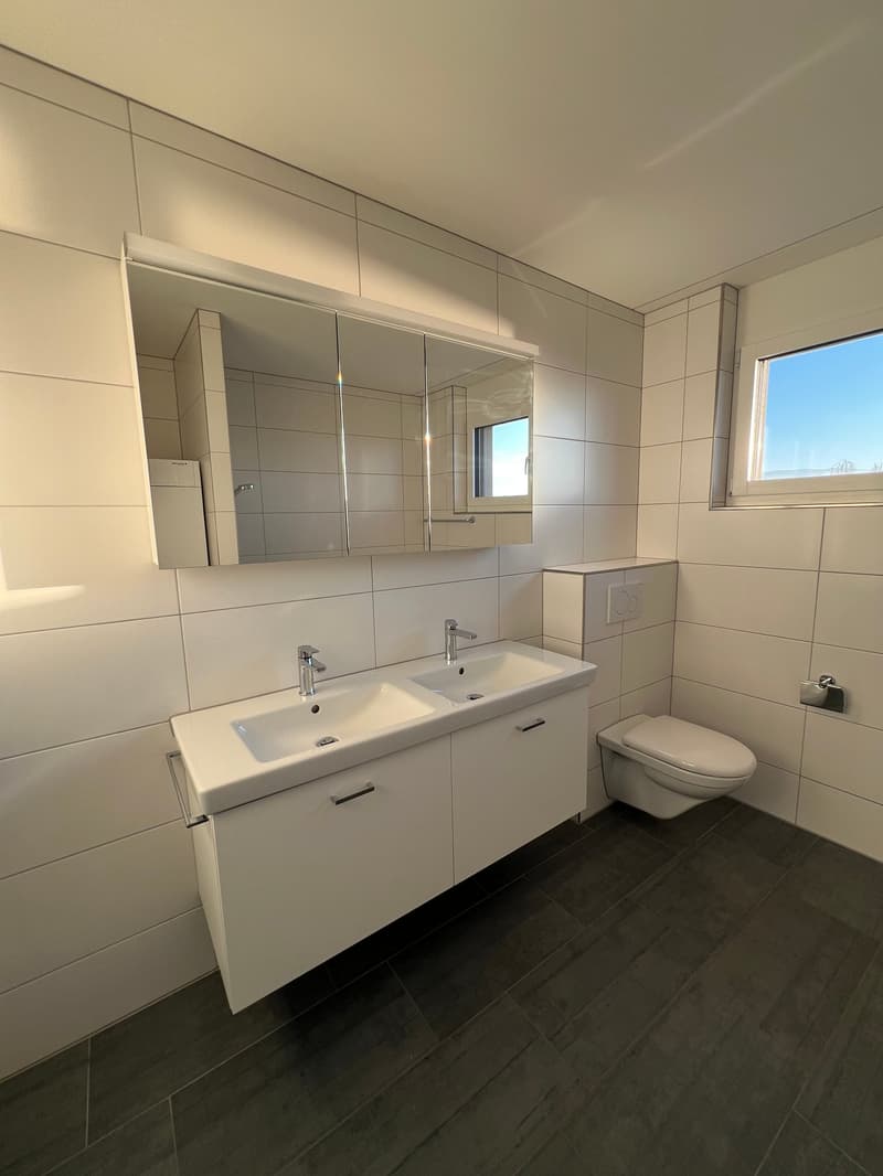 modern white tiles, white cabinets, 2 washbasins, mirror, window, toilet