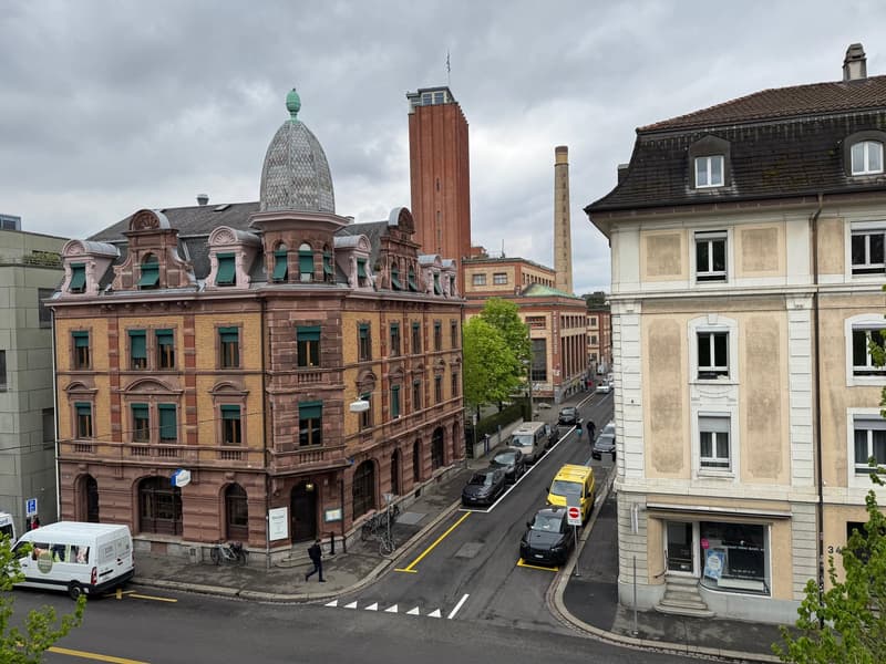 A large building with a dome-shaped roof, multiple windows, and a chimney. The building is made of brick and has a classic architectural design. There are several cars parked on the side of the road, and a person is walking on the sidewalk. The street is