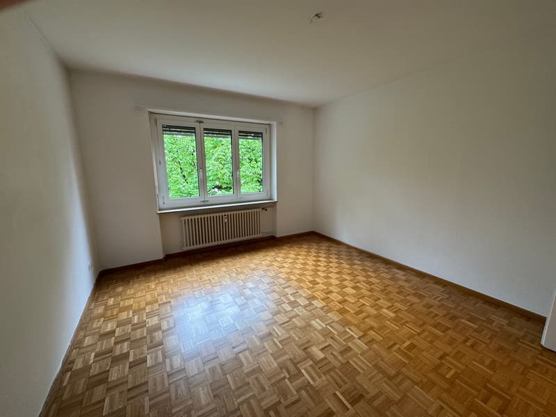 empty room, wooden floor, white walls, window with white frame, white radiator