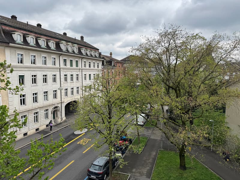 A large white building with many windows, a large archway entrance, and a street with parked cars and trees.