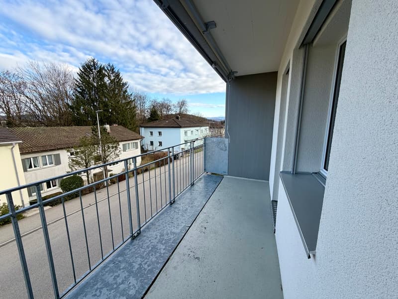 balcony with metal railing, concrete floor, view of street and houses