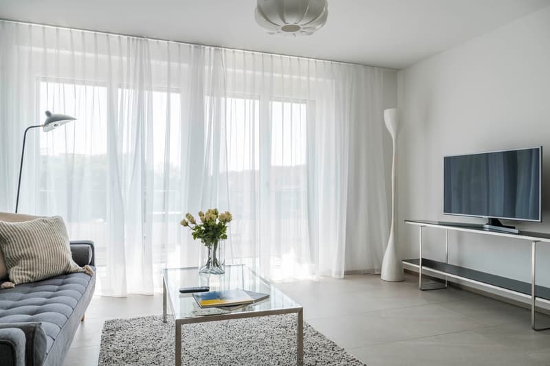 modern design living room with glass coffee table, tv stand, cozy couch, rug, floor lamp, floor-to-ceiling windows