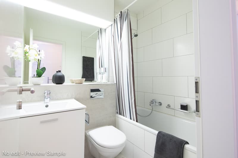 Modern white bathroom, bathtub, walk-in shower, toilet, sink, mirror, faucet, towels, plant, shelves