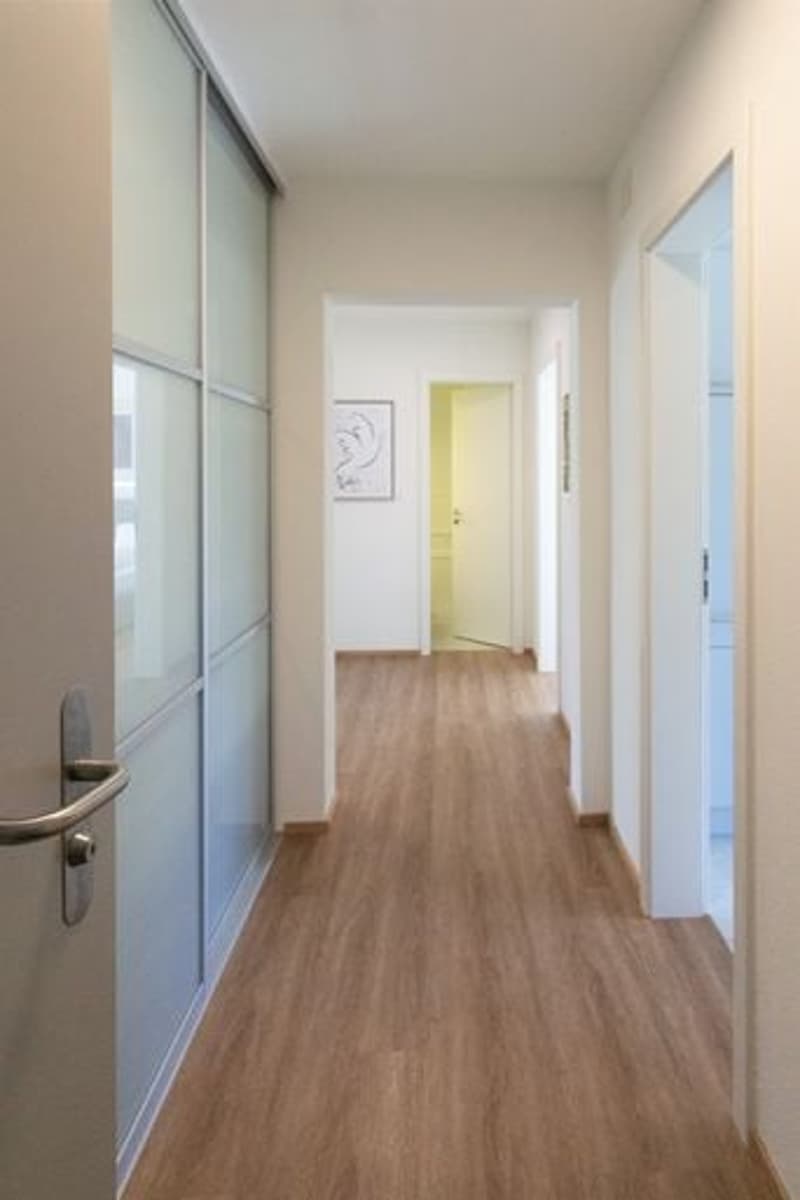 An empty hallway with a sliding door and wooden floor, illuminated by sunlight, with a picture frame on the wall.