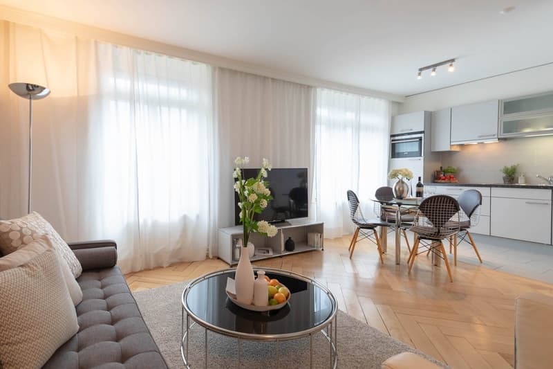 modern design, hardwood floors, large sofa, coffee table, flat-screen TV, dining table with chairs, open kitchen, plants