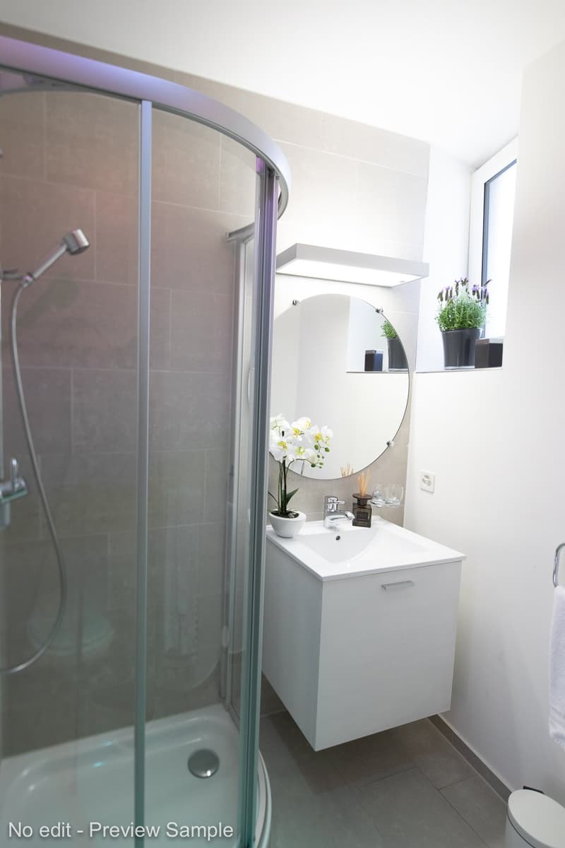 Modern bathroom with glass shower enclosure, white vanity unit with sink, round mirror, and decorative plants